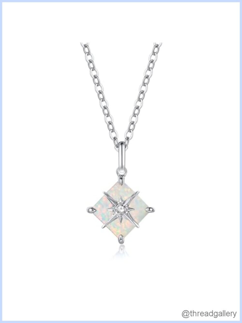 14K Solid White Gold Diamond Created Opal Starburst Pendant Necklace